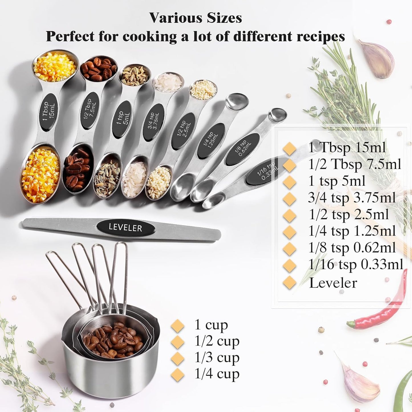 Set 13 Tazas y Cucharas Medidoras Acero Inox