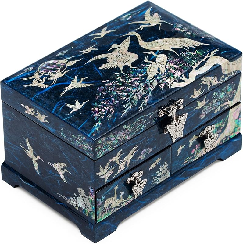 Caja joyería laqueada 2 niveles grúas azul