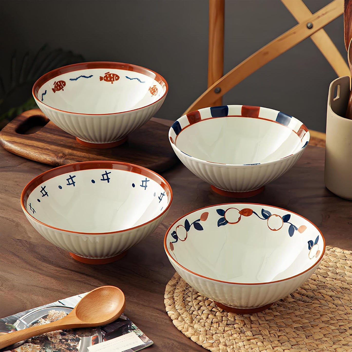 Set 4 Cuencos Ramen 8pulg con Cuchara 38oz Microondas