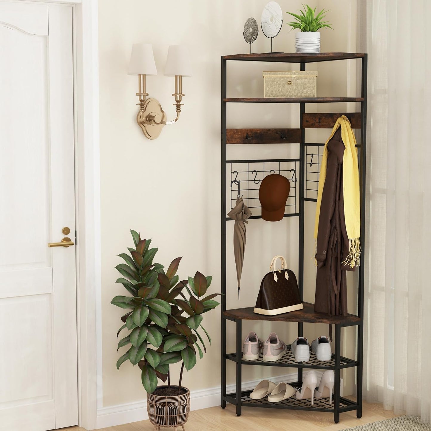 Árbol esquina con banco zapatos 72" 5 estantes madera