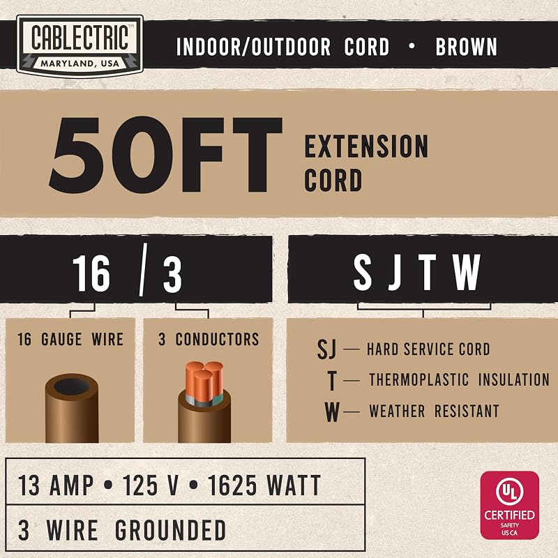 Cable extensión 50ft 16/3 con enchufe tierra 13AMP jardín
