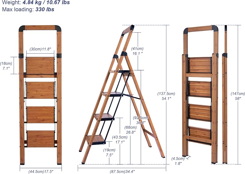 Escalera plegable 4 escalones aluminio madera 330lb