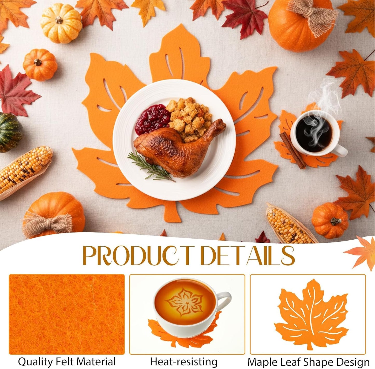 6 Pzas Manteles Fieltro Hoja Arce Otoño Naranja Marrón Rojo