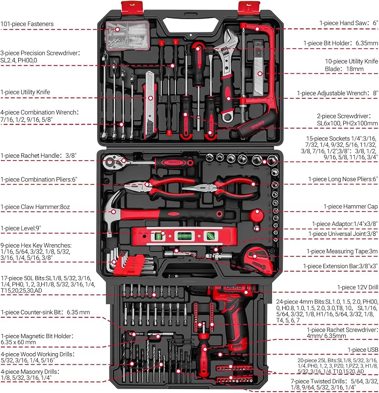 Set herramientas taladro inalámbrico 12V caja reparación