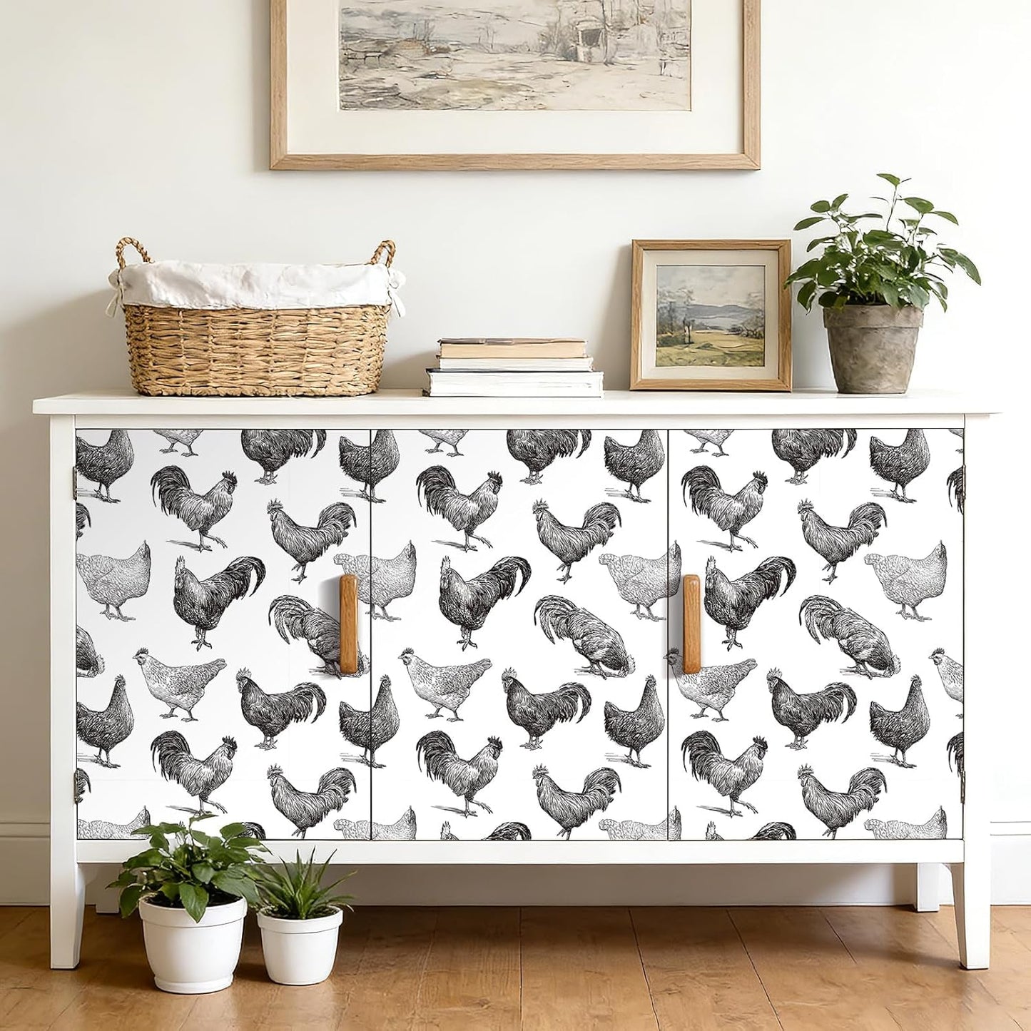 Papel tapiz autoadhesivo 17.5x118pulg diseño gallina blanco y negro
