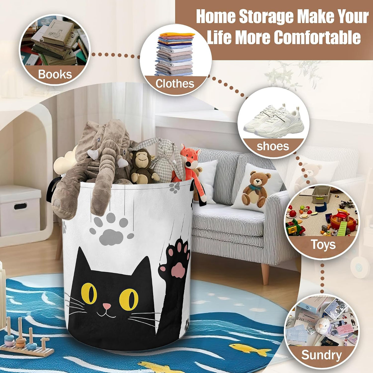 Cesto lavandería gatos 16x20.8pulg impermeable tela oxford