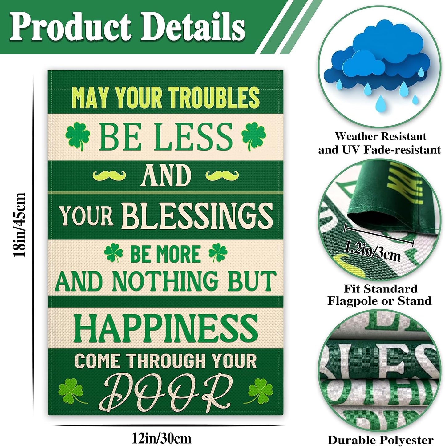 Banderas San Patricio 12x18pulg Trébol Verde Doble Cara
