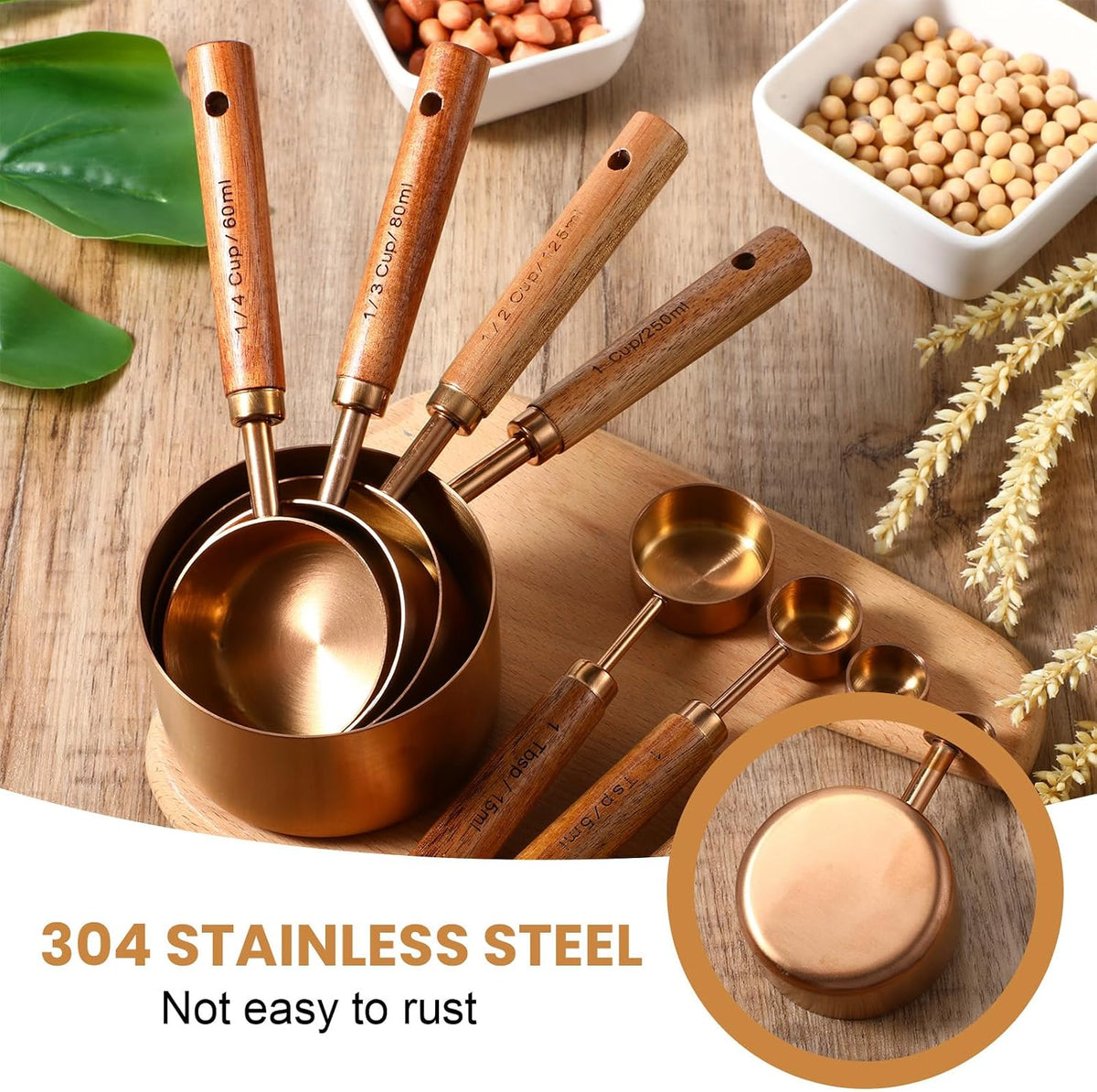 Set 8 Tazas y Cucharas Medidoras Acero Inox Oro Rosa Asa Madera