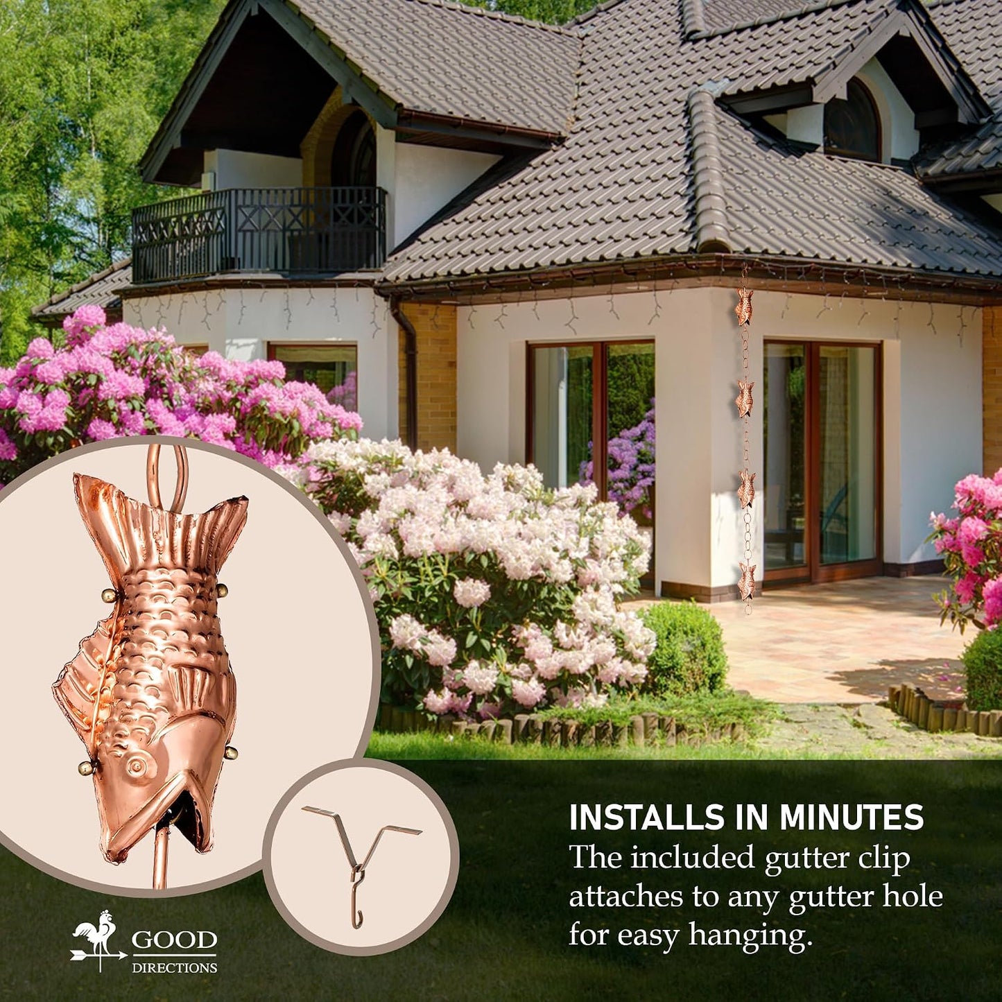 Cadena lluvia de peces 8.5ft 4 figuras grandes 100% cobre