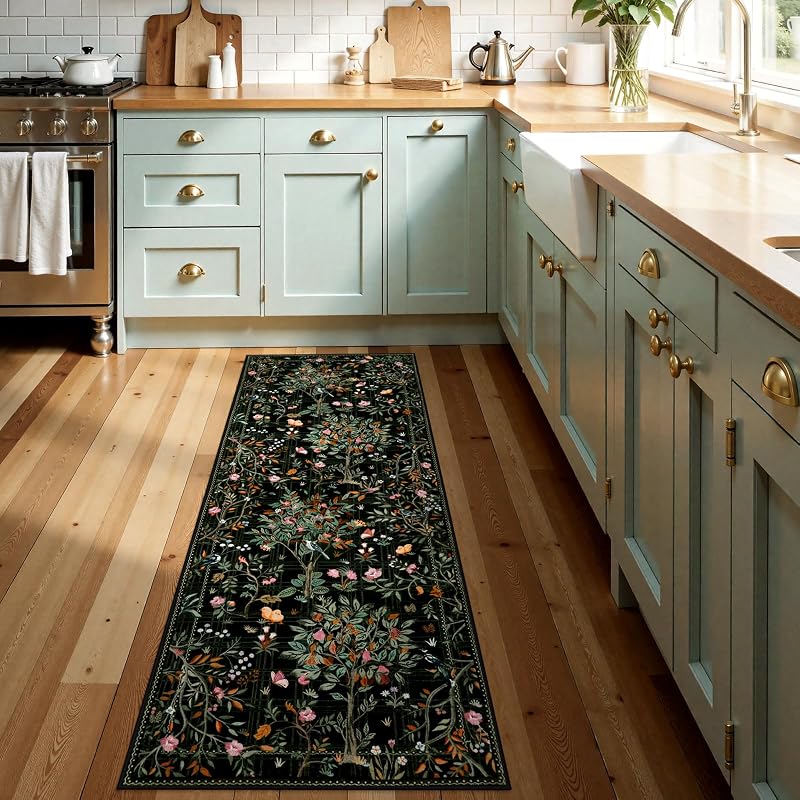 Alfombra pasillo lavable diseño floral 2x8ft negro
