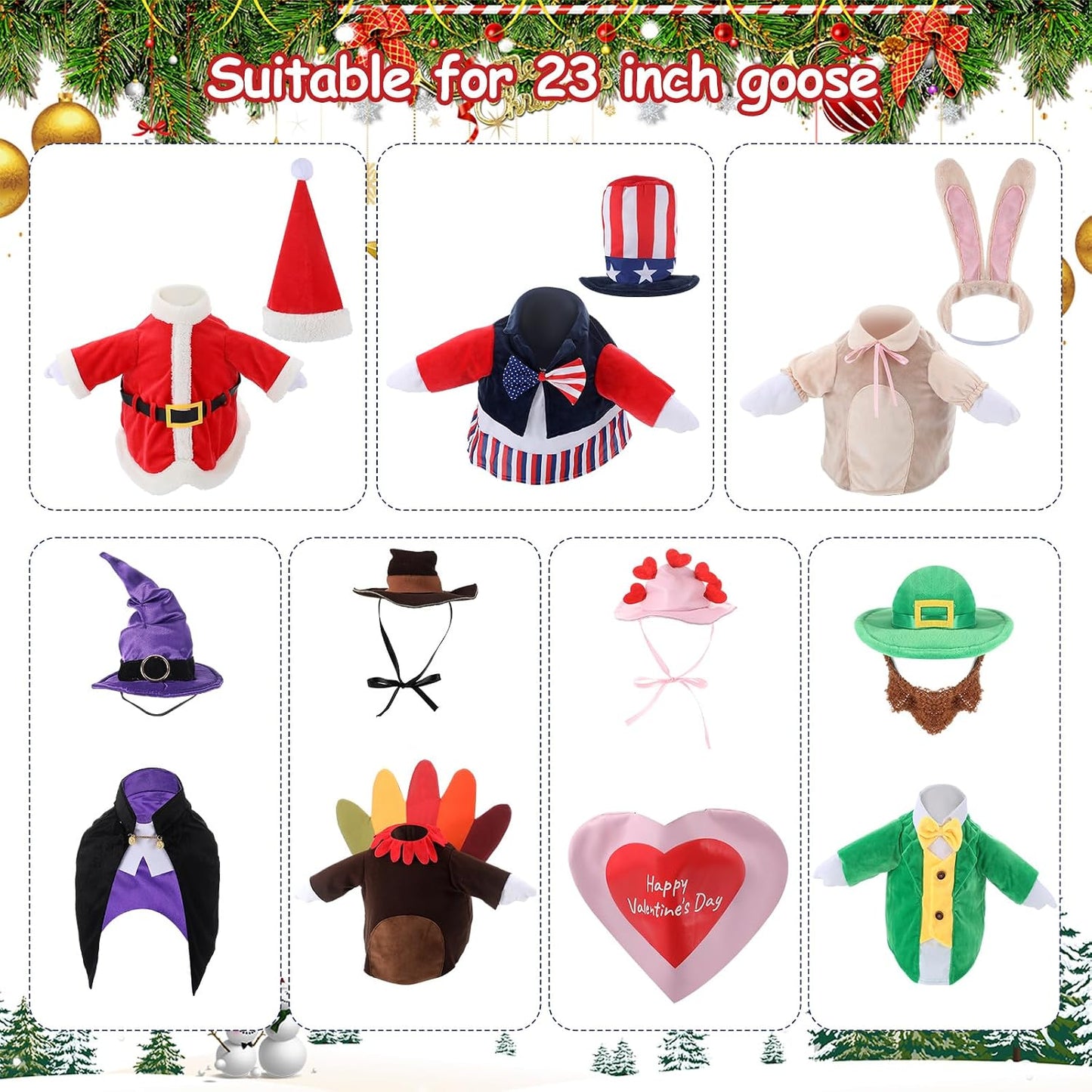 7 kits atuendos ganso 58cm bruja Santa pavo conejo