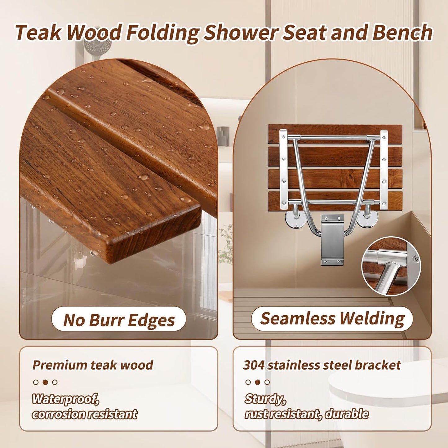 Asiento ducha plegable teca 18pulg pared 420lb acero inox