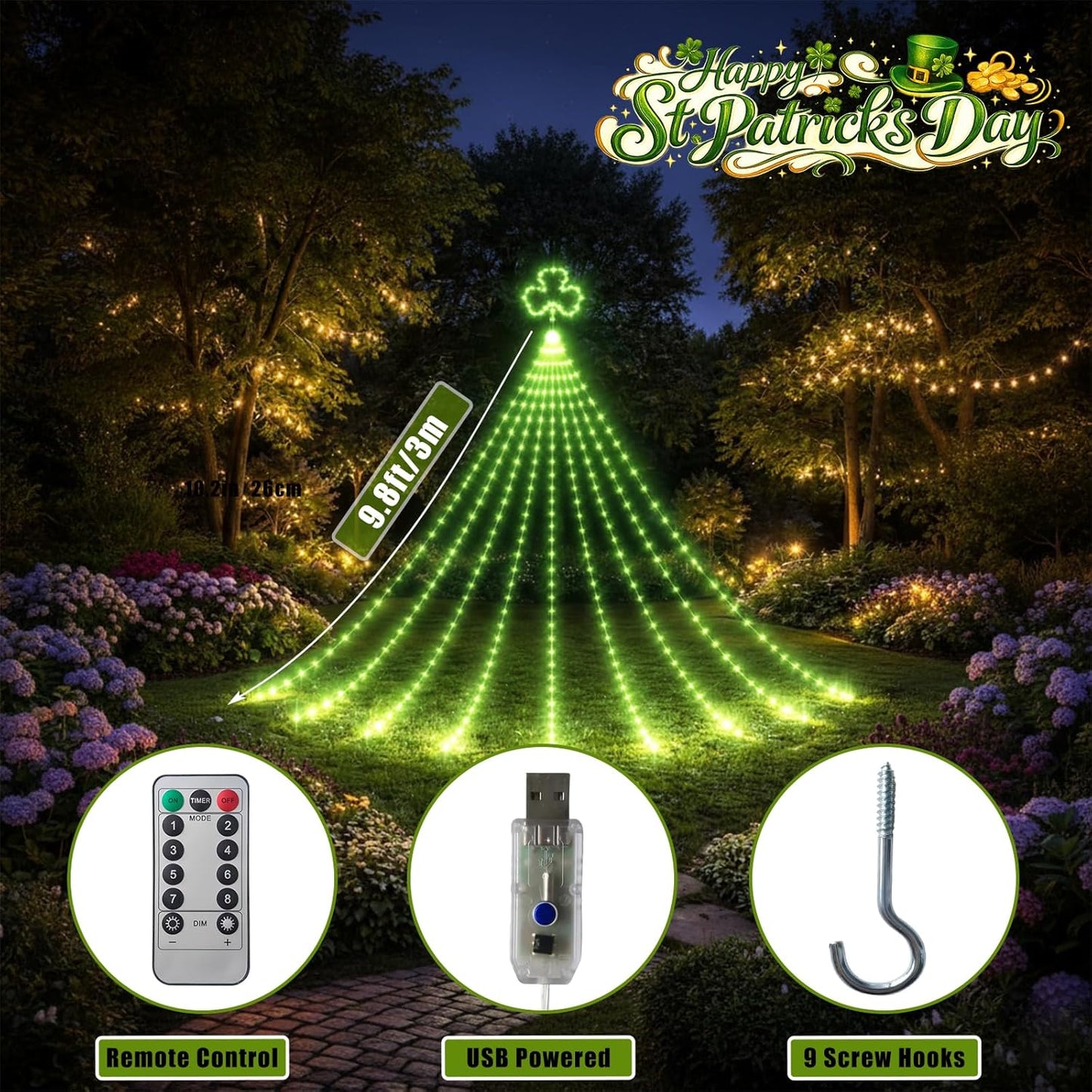 Cadena luces San Patricio 9.7pulg 347 LED sombrero duende 8 modos