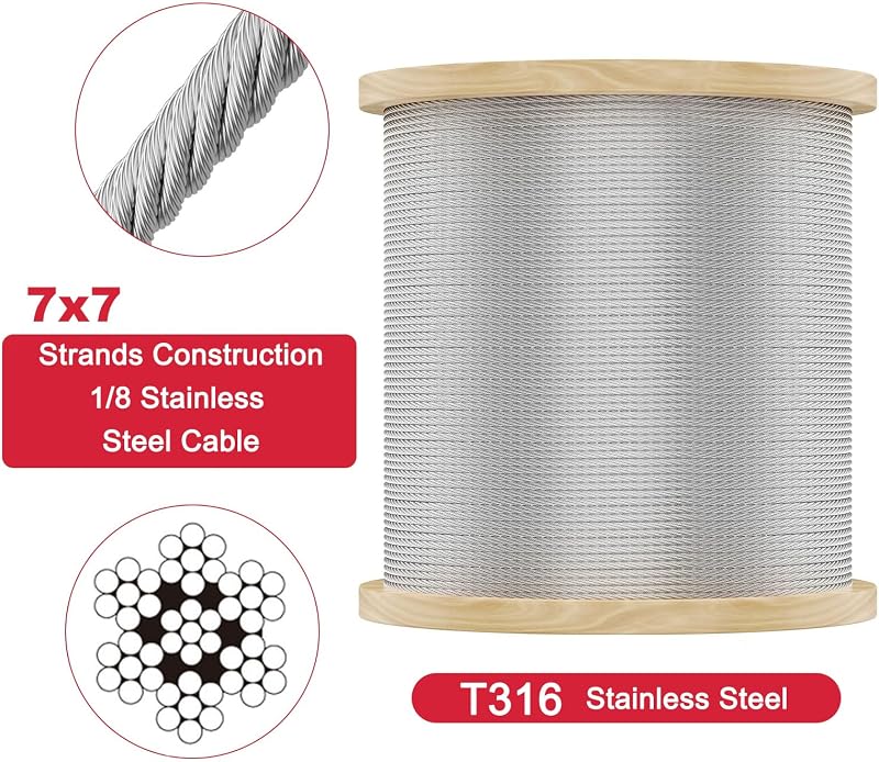 Cable acero inox T316 1/8 1100 ft para barandilla escalera