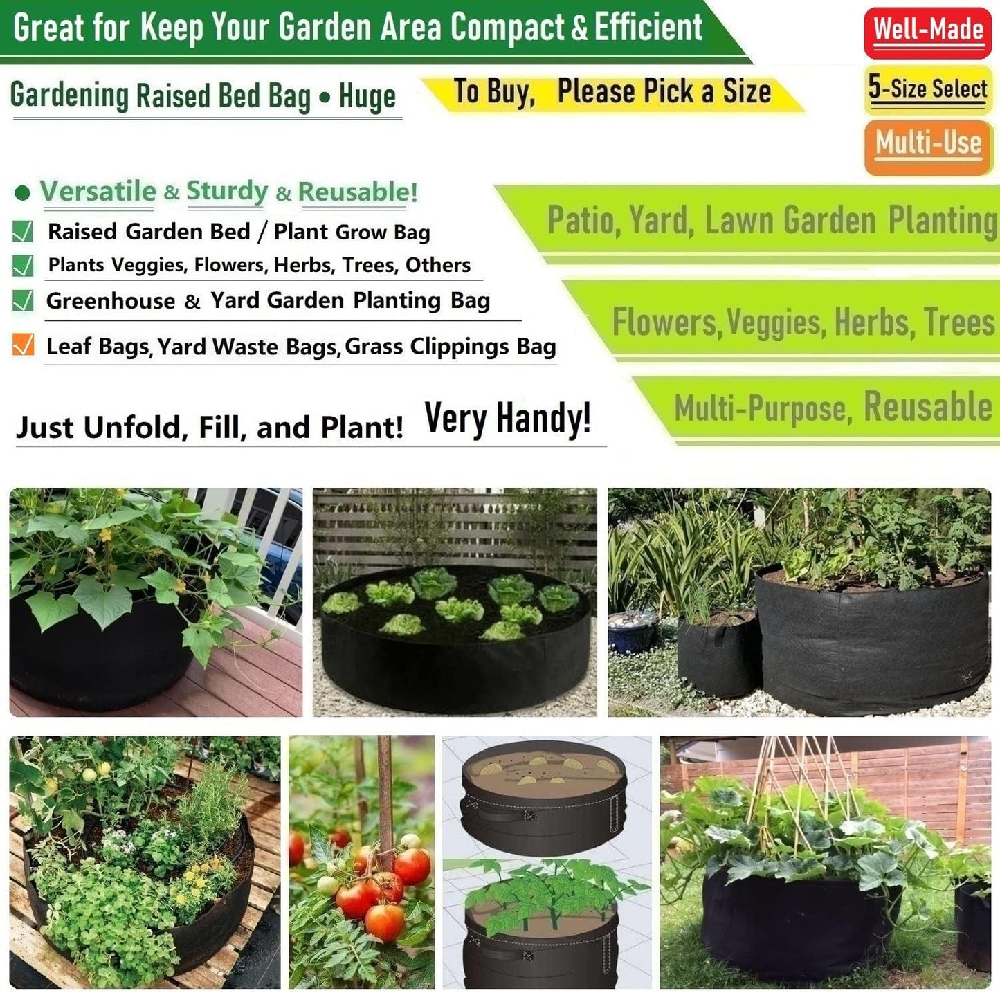 Bolsa jardín elevada 400gal 70x24pulg para tomate papa hierbas