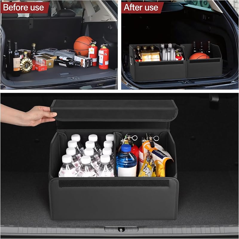 Organiz. maletero cuero gamuza plegable para auto y hogar
