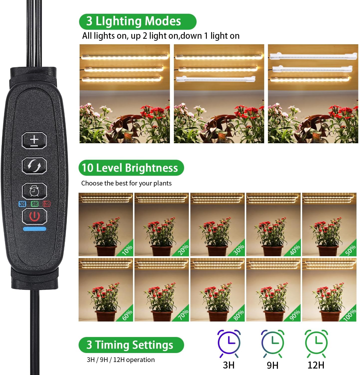 Lámpara LED cultivo 3 cabezales 10.2pulg espectro completo