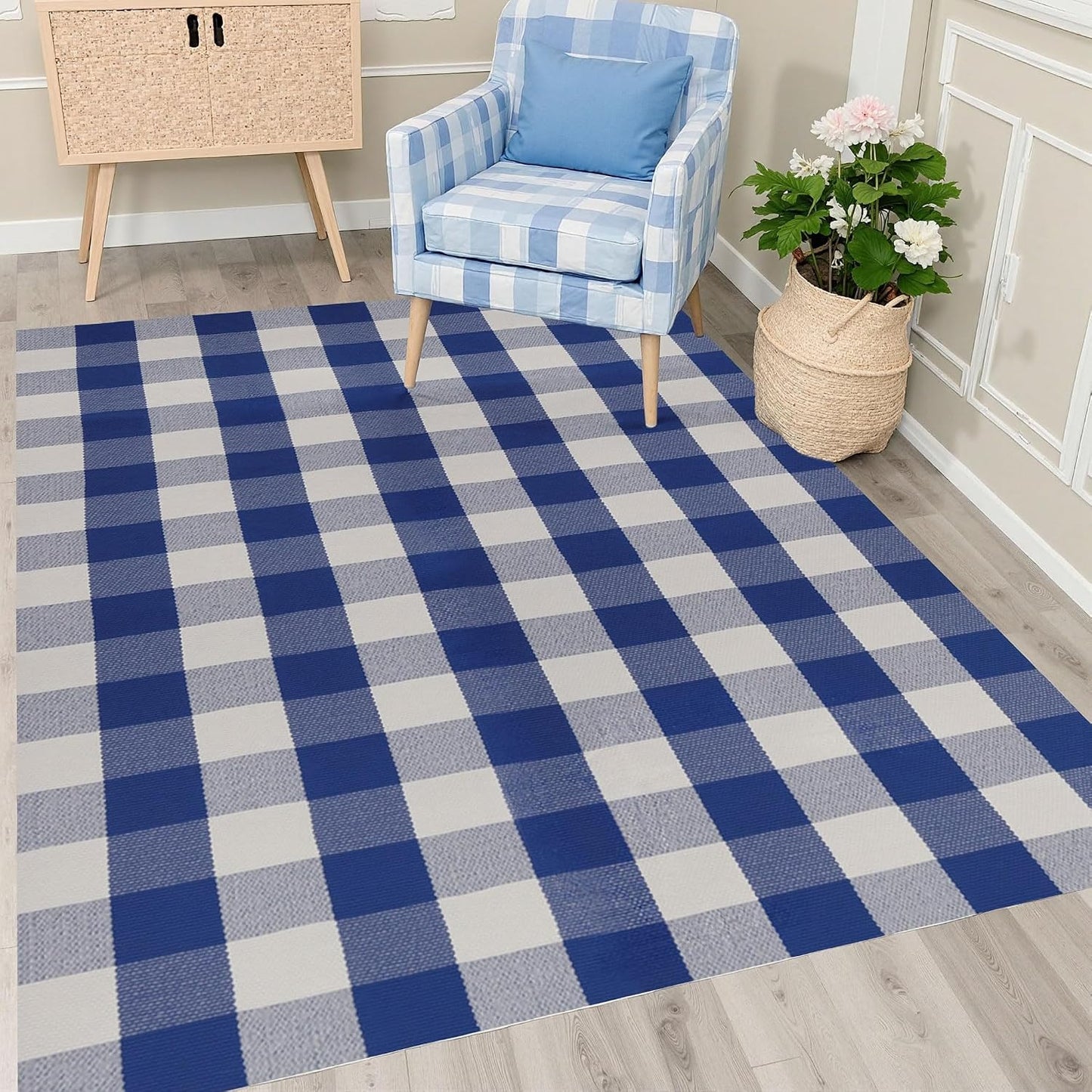 Alfombra cuadros Buffalo 4x6ft Azul Blanco lavable puerta