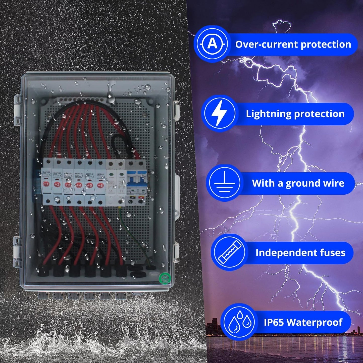 Caja combinadora solar 6en1 IP65 550V CC proteccion rayos