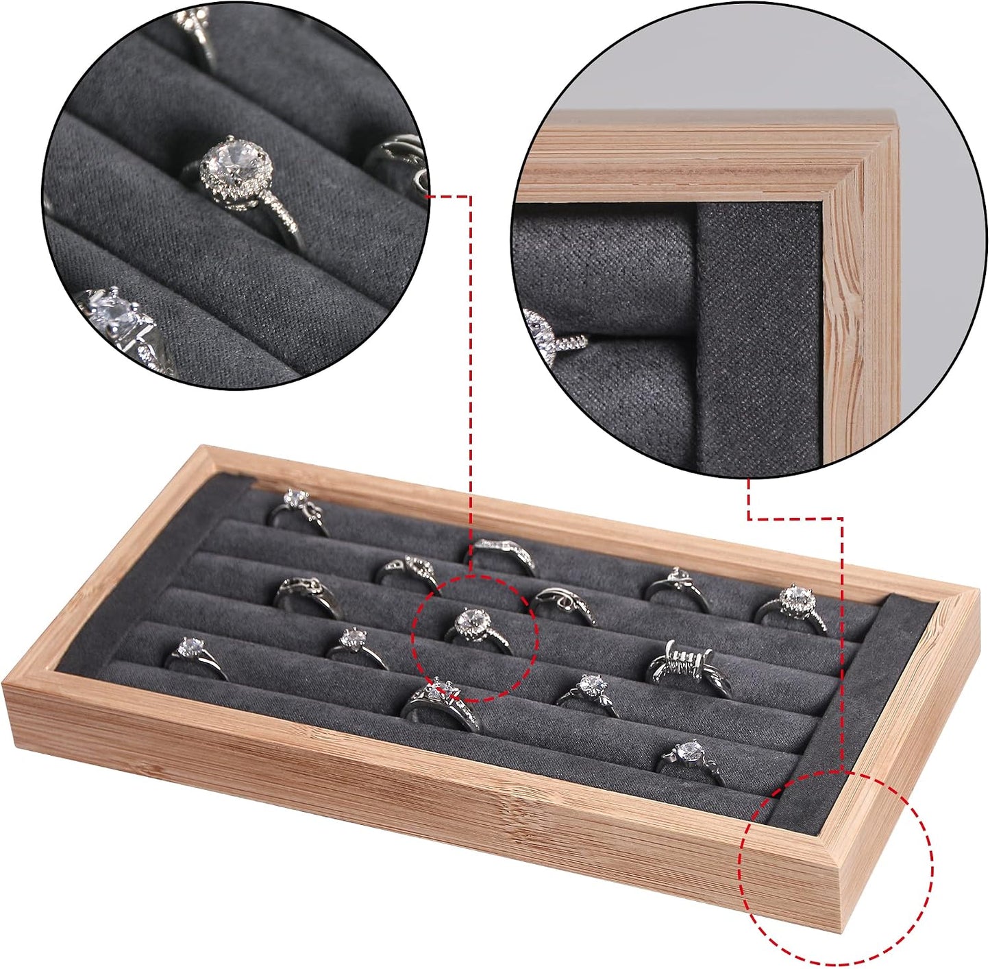 Bandeja anillos bambú soporte terciopelo gris
