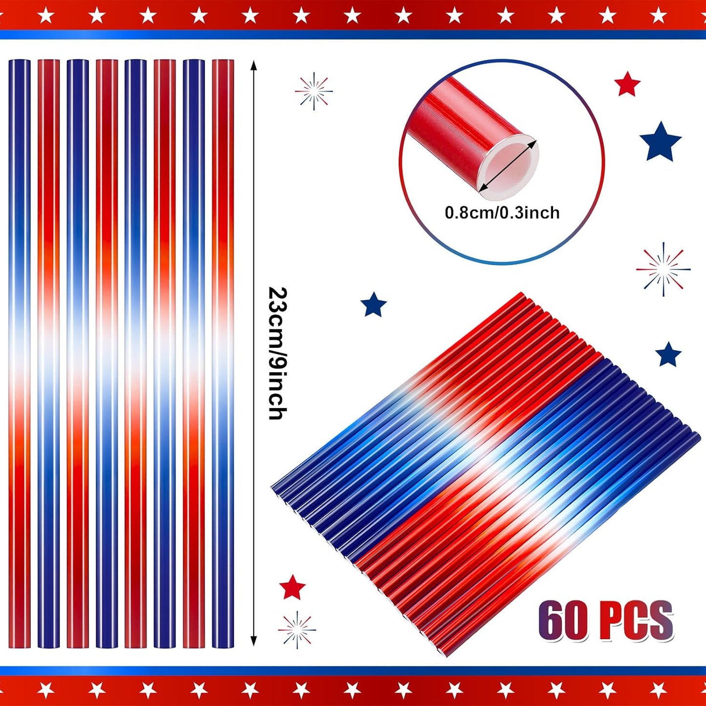 60 Popotes Patrióticos 9pulg 4 de Julio Reutilizables