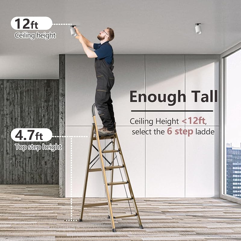 Escalera aluminio 6 escalones 12pies plegable dorado