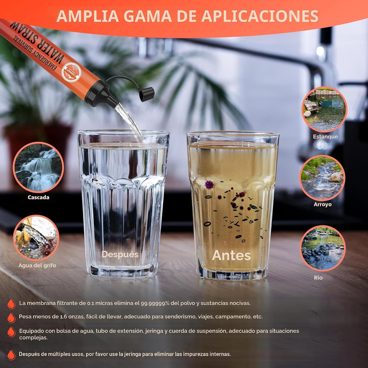 Kit 5 filtros agua con popote para campamento y emergencias