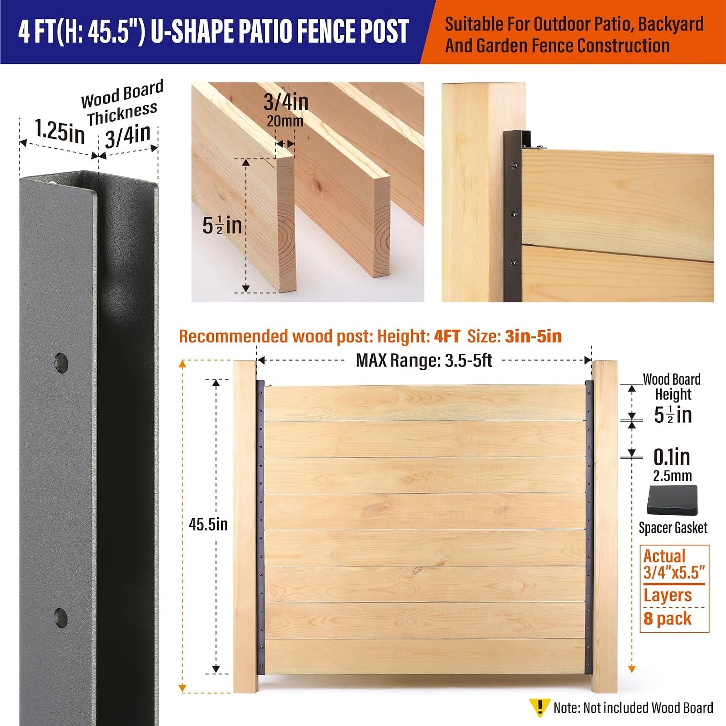 6 Paneles Valla Privacidad 4ft Poste Negro Exterior