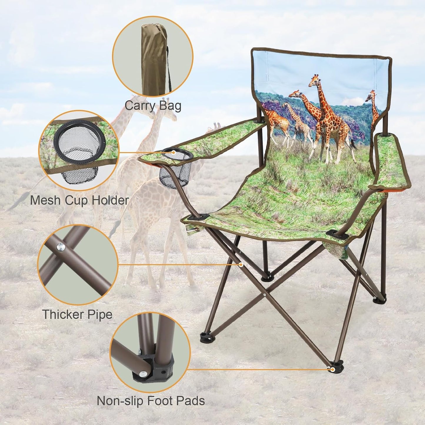 Silla camping ligera plegable con soporte tazas y bolsillo