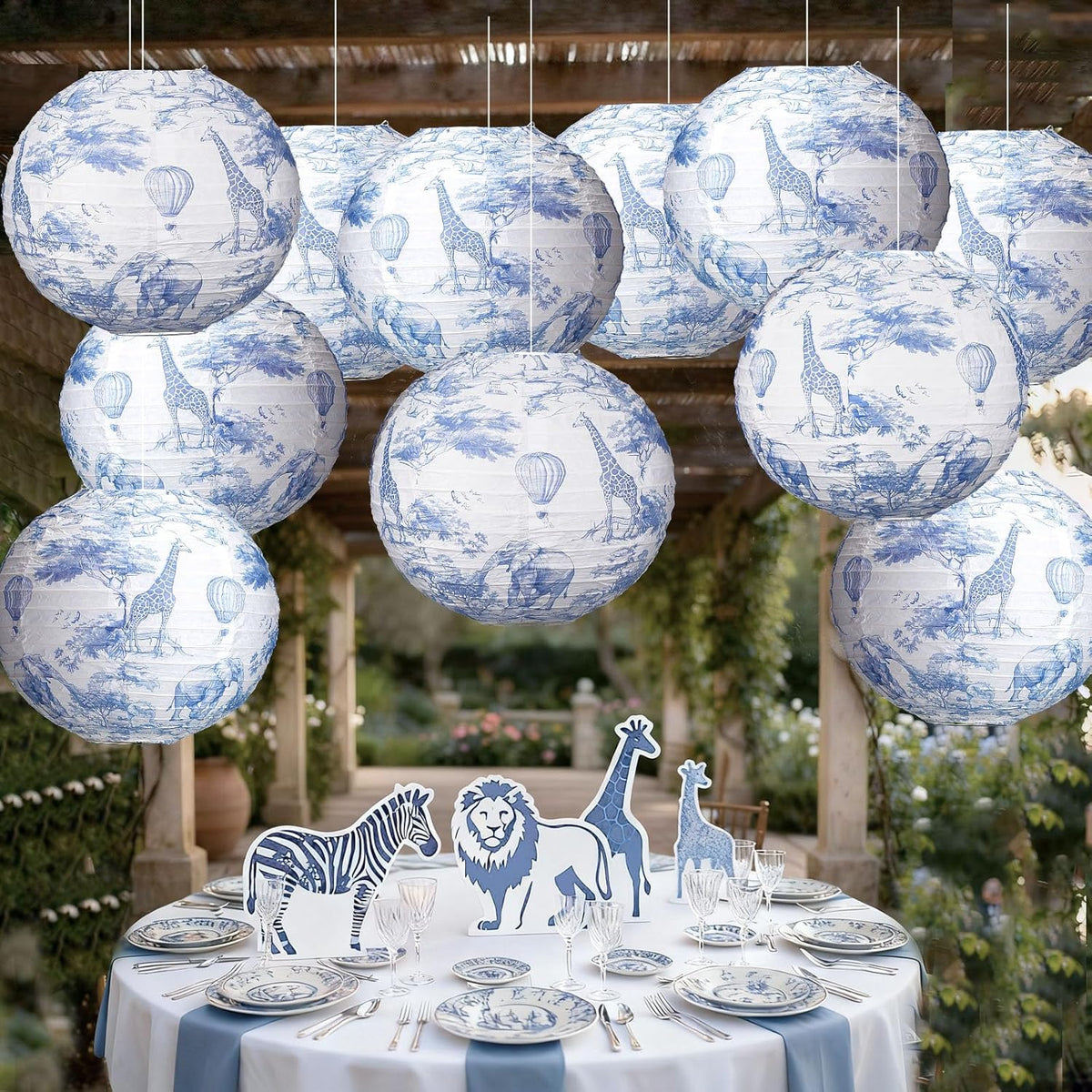 12 Linternas Papel Safari Azul 10pulg Decoración Fiesta