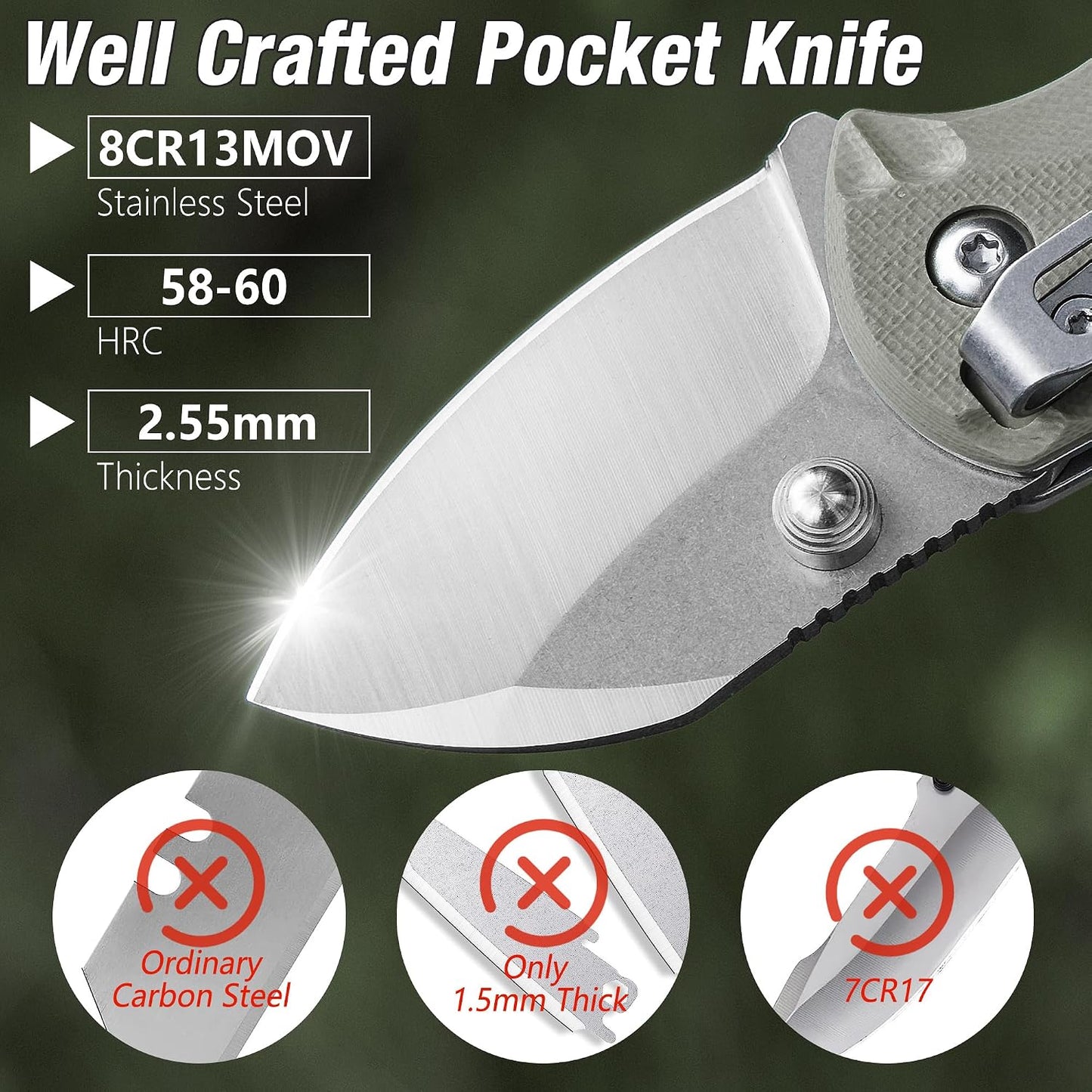 Cuchillo EDC plegable acero 8Cr13MoV mango G10 tan