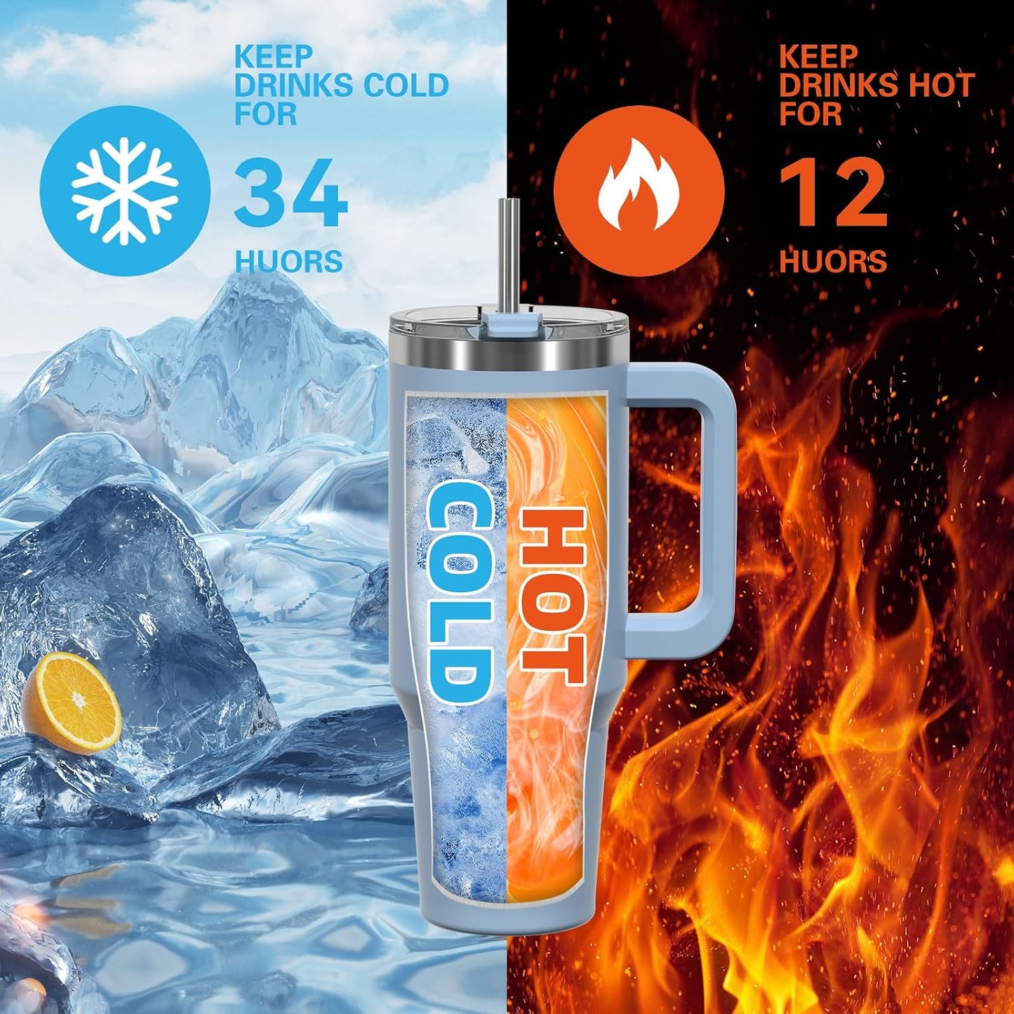 Taza acero inox 20oz con tapa pajita térmica fría 34h azul