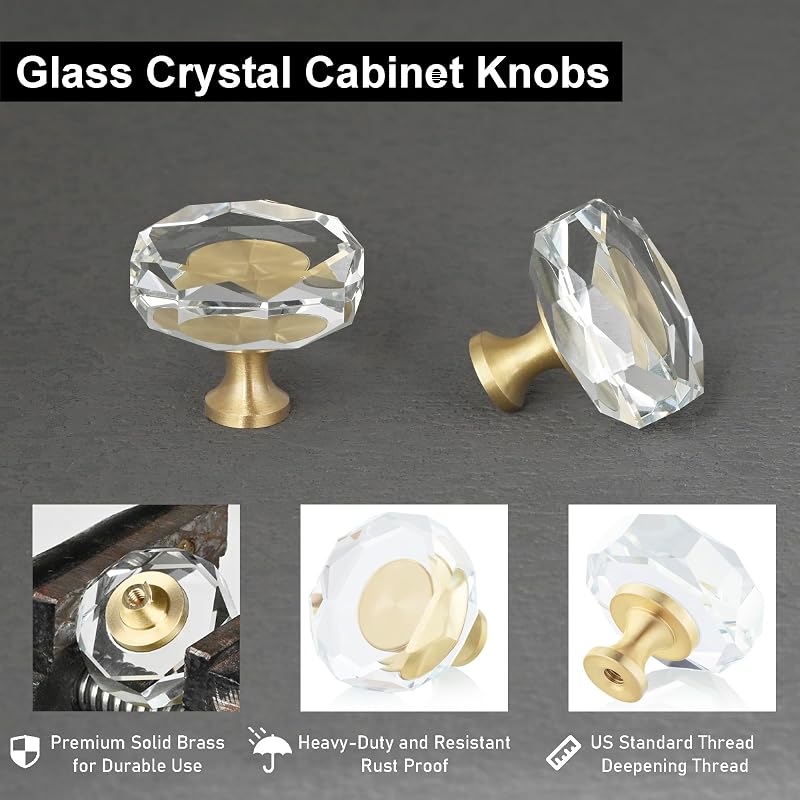 20 Tiradores Gabinete Latón Cristal Dorado 3.2cm Decorativos