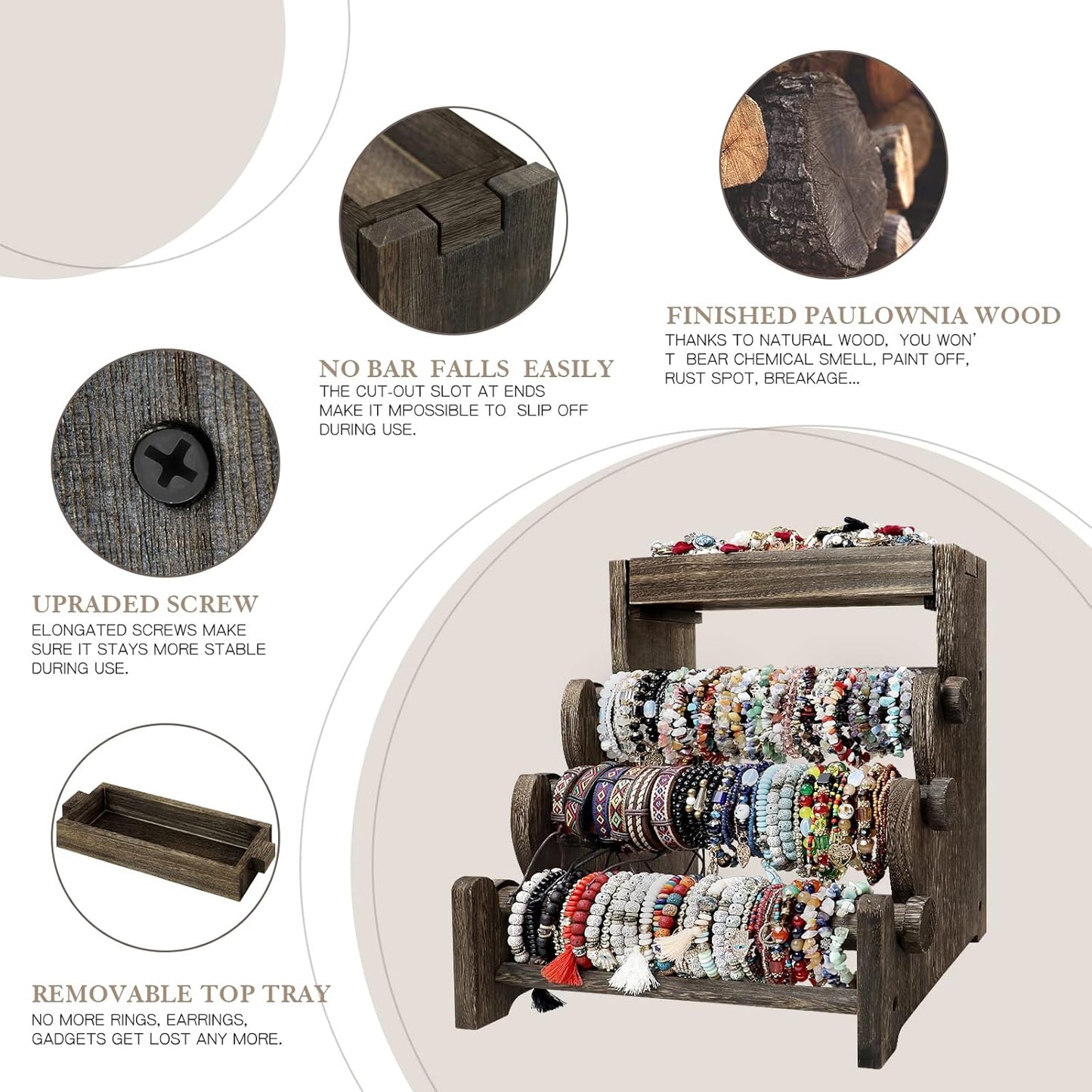 Soporte madera 4 niveles organiz. joyas reloj collar
