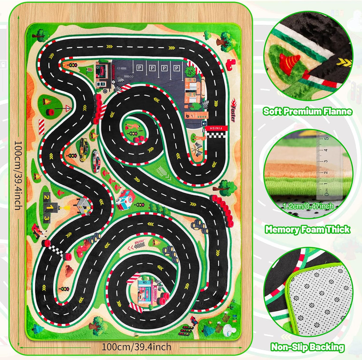 Alfombra juego niños carreras antideslizante 3.28x4.92pulg verde