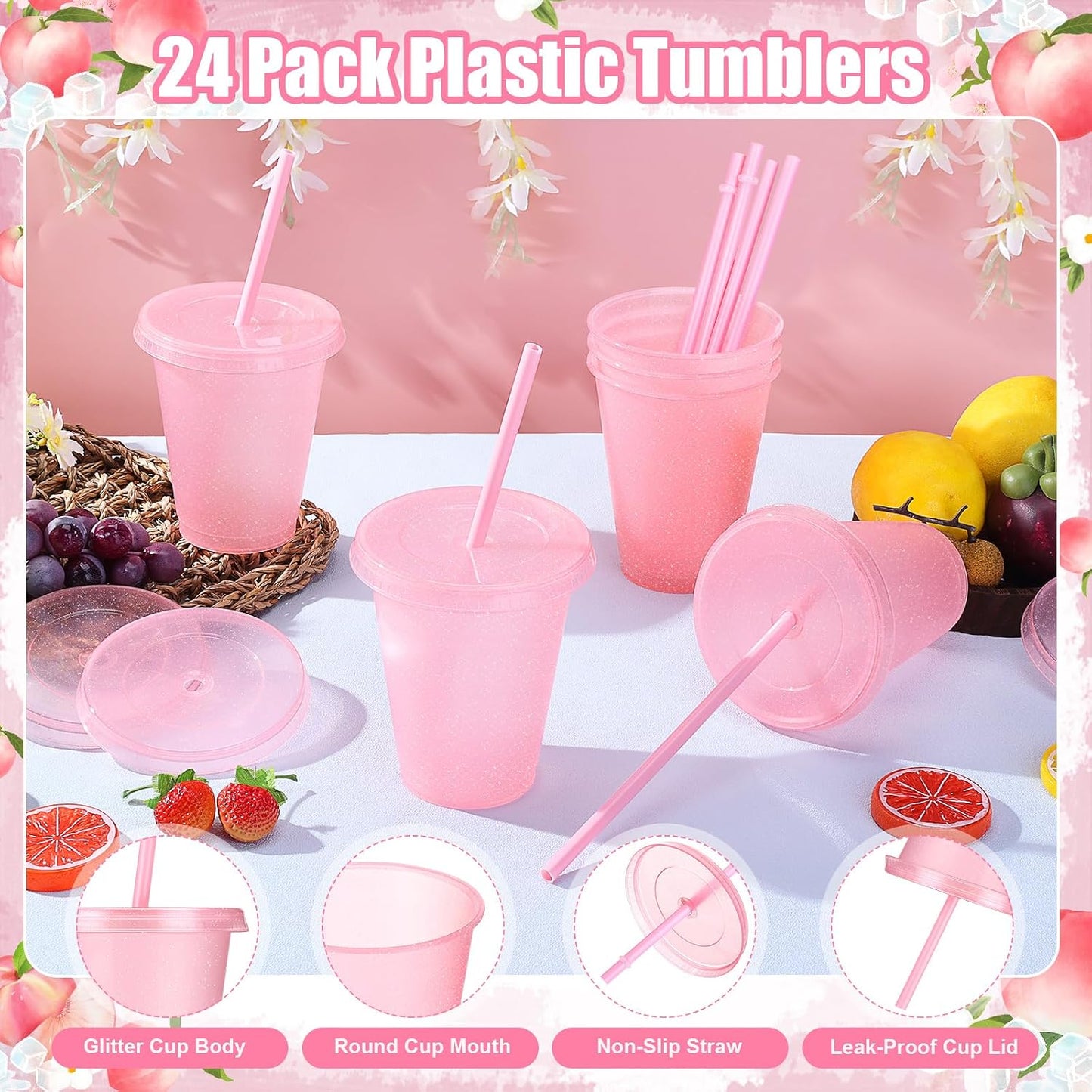 24 Vasos Plástico con Tapas Pajitas Reutilizables