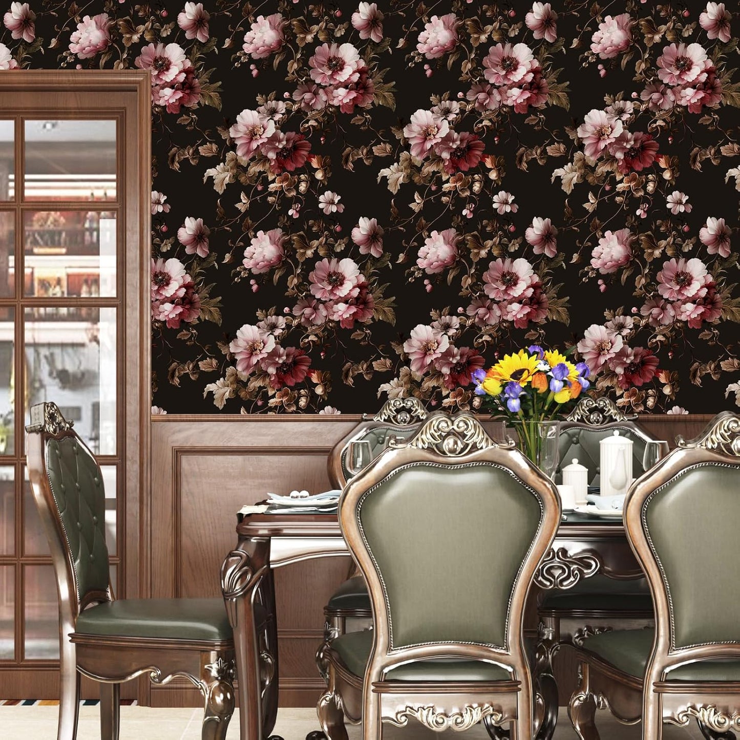 Papel tapiz floral negro autoadhesivo flores peonía