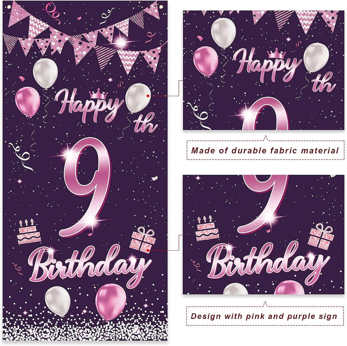 Cartel feliz cumpleaños 9 años globos rosa morada decoración puerta