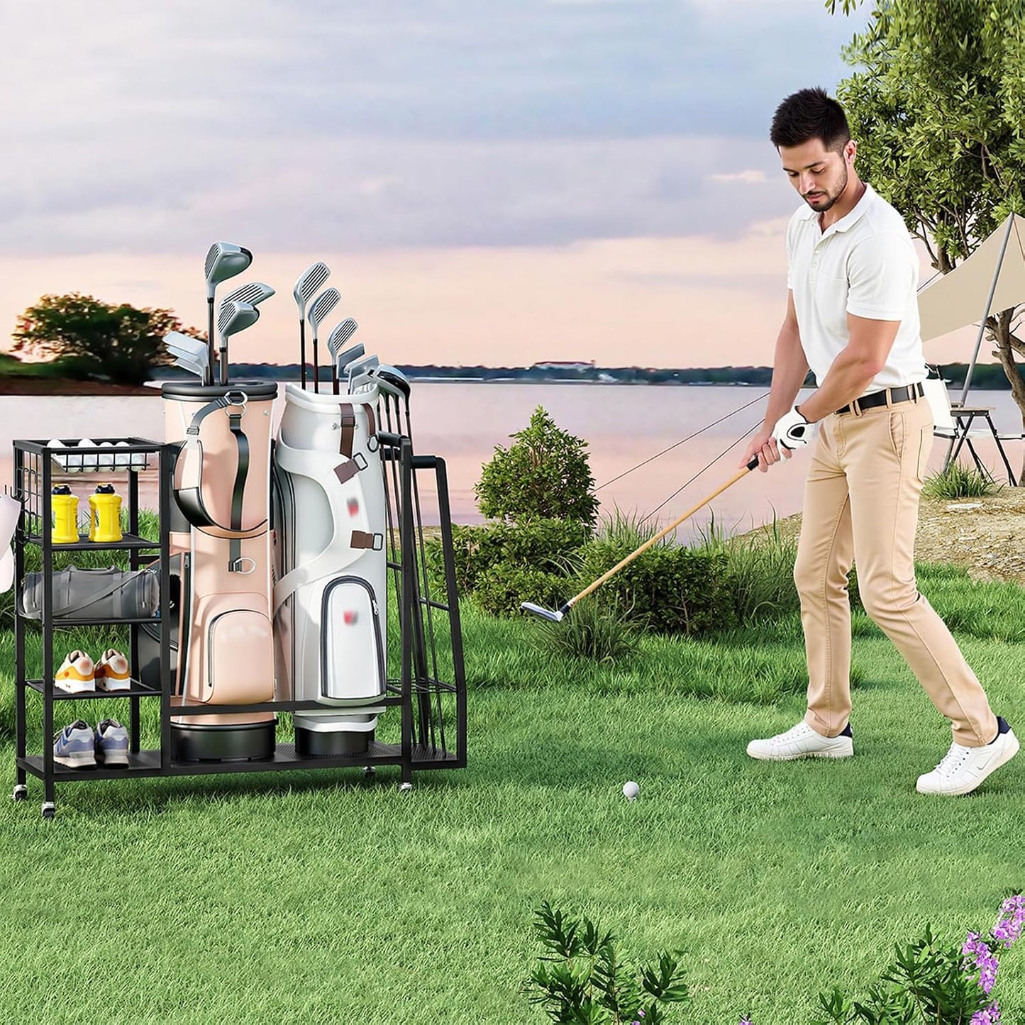 Organiz. bolsas golf con ruedas estante garaje