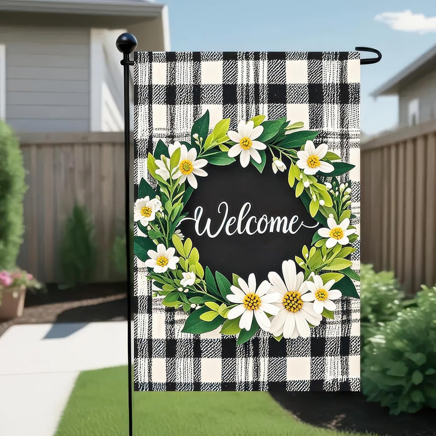 Bandera jardín 12x18pulg cuadrícula blanca y negra