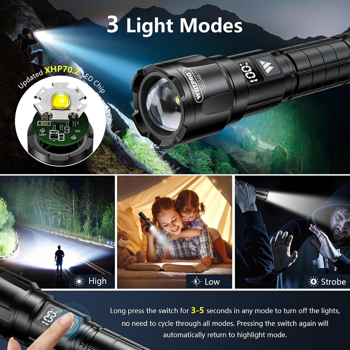 2 Linternas LED Recargables 6000 Lúmenes Impermeables 3 Modos