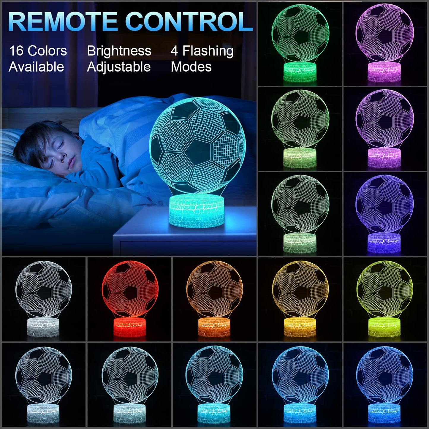 Lámpara ilusión fútbol 3D con control remoto 16 colores