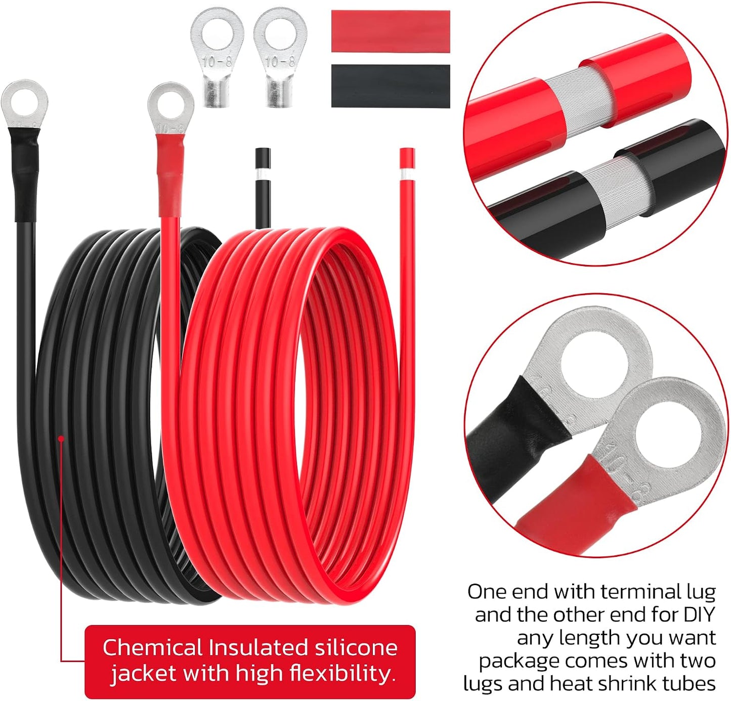 Cable batería 8AWG 10pies cobre estañado con lengüetas 5/16"