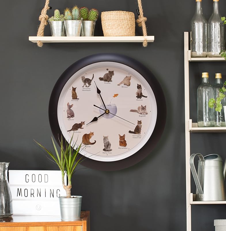 Reloj pared gato maullando 13pulg negro 12 razas