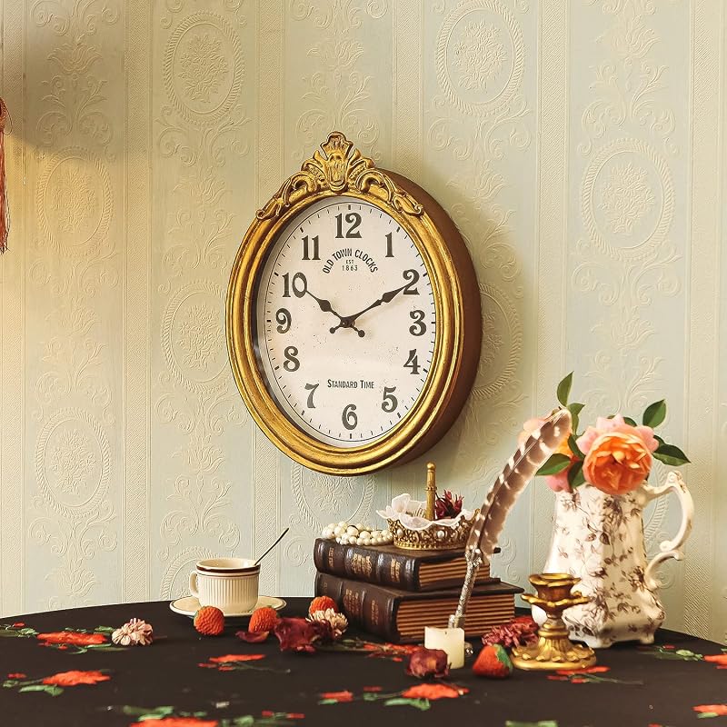 Reloj pared vintage estilo europeo ovalado dorado