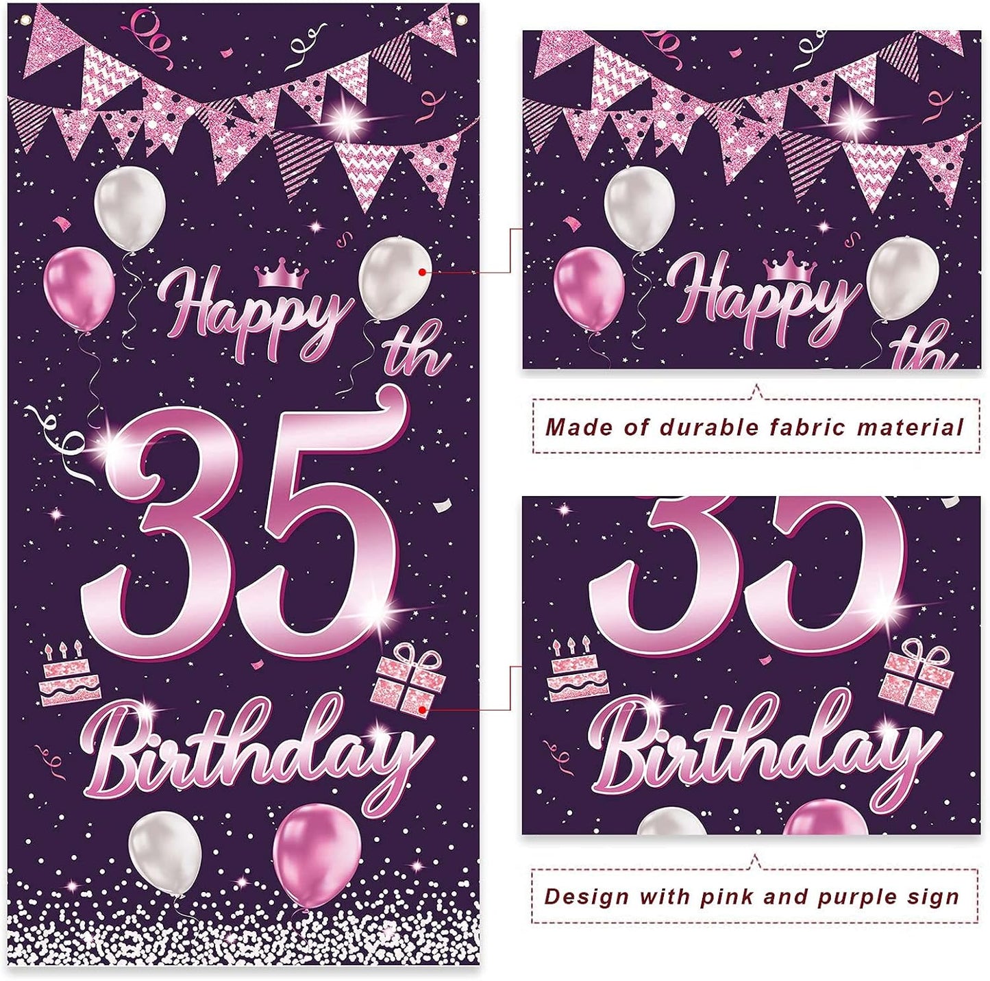 Cartel feliz cumpleaños 35 años globos confeti decoración puerta