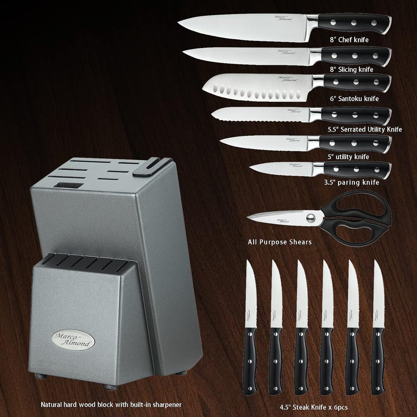 Set 14 Pzas Cuchillos Acero Inox Japonés con Bloque y Afilador