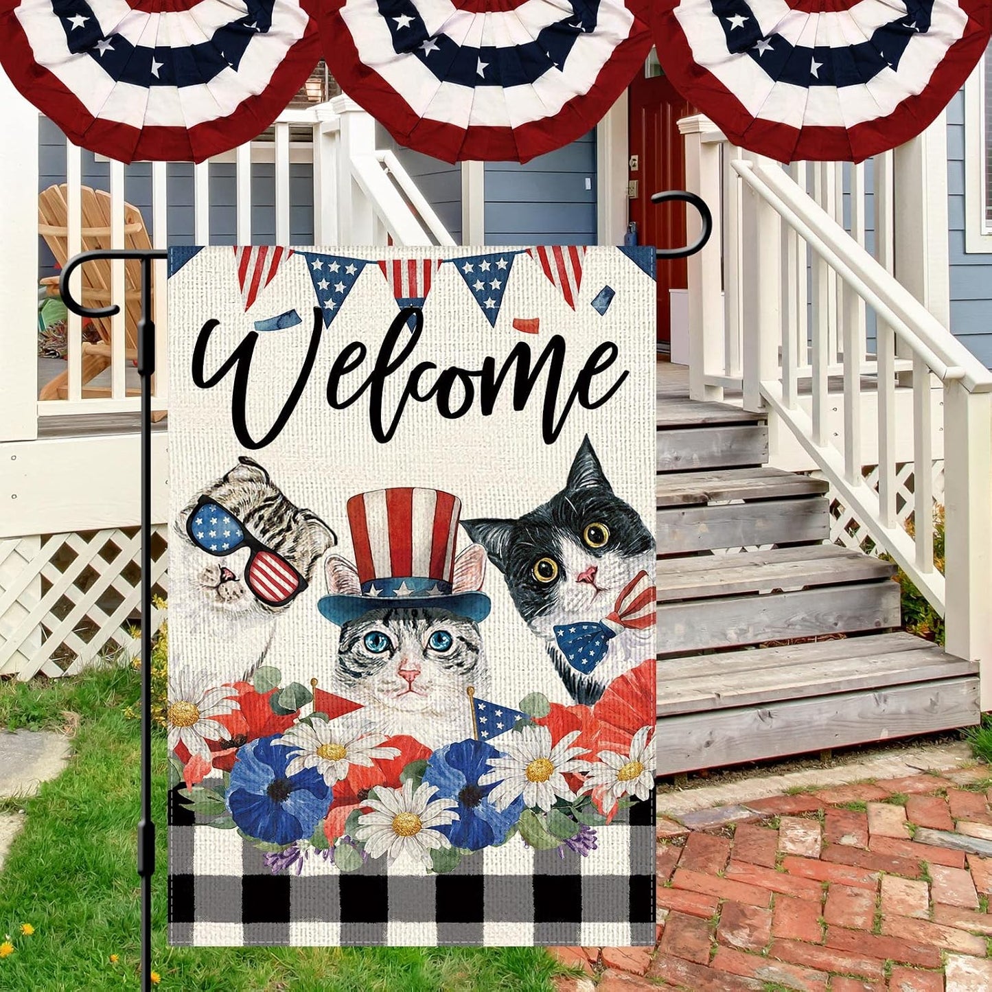 Bandera 4 de Julio gato 12x18pulg vertical doble cara
