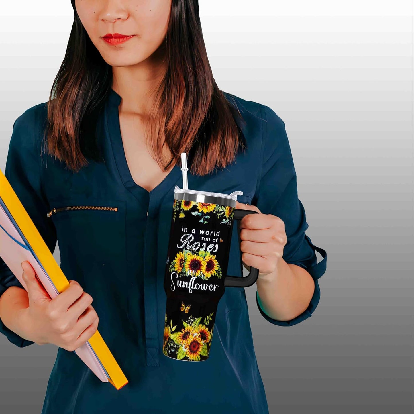 Vaso girasol 40oz doble aislamiento con asa tapa pajita