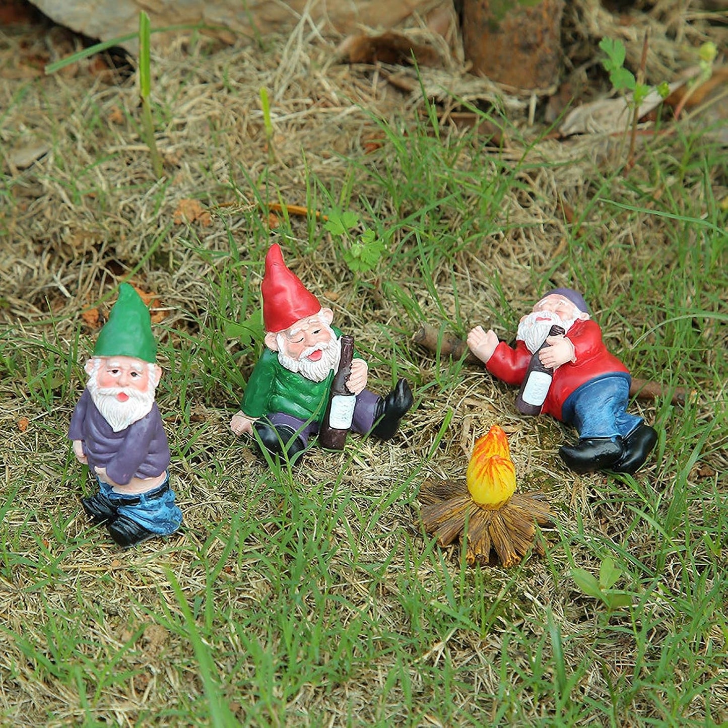 Juego 4 gnomos jardín miniatura 3D para césped patio